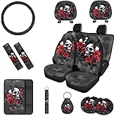 Rucaresri Red Rose Flowers Skull Universal 13 Pieces Auto Accessories Set, Seat Covers Full Set/Seatbelt Pads/Steering Wheel Covers/Coasters/Keyrings,for Most Cars Trucks Suvs