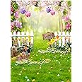 LTLYH 5x7ft Easter Floral Bokeh Photo Decorations Background - Rabbit, Eggs, Fence, Green Grass - 173