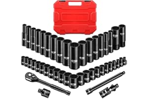 BLACKROBOT 3/8" Drive Impact Socket Set, 45 Pieces Standard SAE (1/4" to 3/4") and Metric (6-22 mm), 6 Point, 72-Tooth Ratchet Handle, 6" Extension Bar, Adapters, Universal Joint, Spark Plug Socket