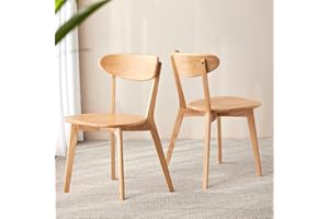 Grewood 100% Solid Oak Wood Dining Chairs Set of 2, Mid Century Modern with Wide Rounded Backrest, Chairs for Dining Room, Kitchen Chairs, Original Wood Color