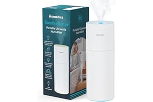 Homedics Portable Humidifier - Small Air Humidifiers for Bedroom, Plants, Office, Travel - Cool Mist Humidifiers, Color-Changing Accent Light, 2 Mist Settings, White