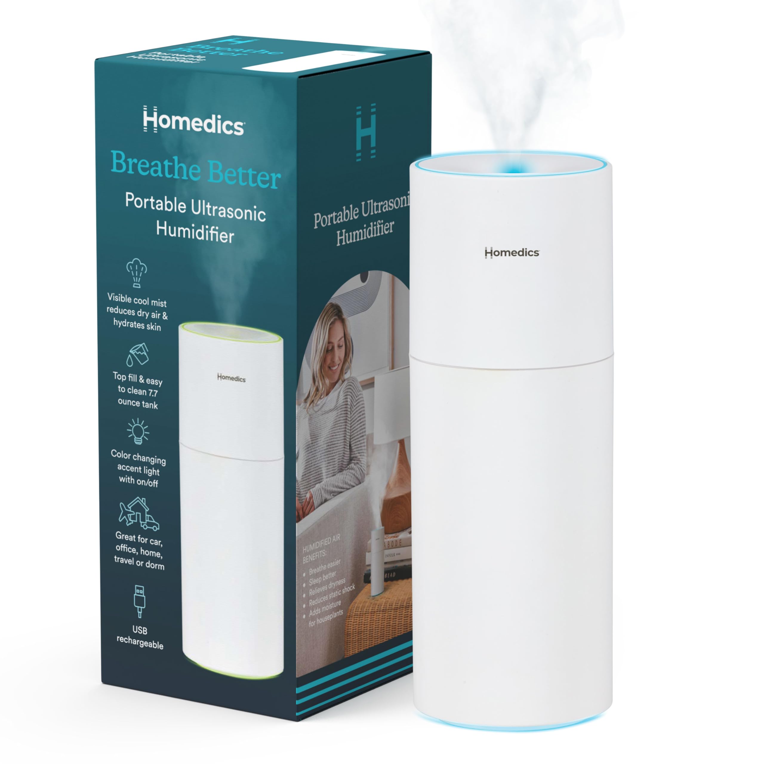 Photo 1 of Homedics Portable Humidifier - Small Air Humidifiers for Bedroom, Plants, Office, Travel - Cool Mist Humidifiers, Color-Changing Accent Light, 2 Mist Settings, White