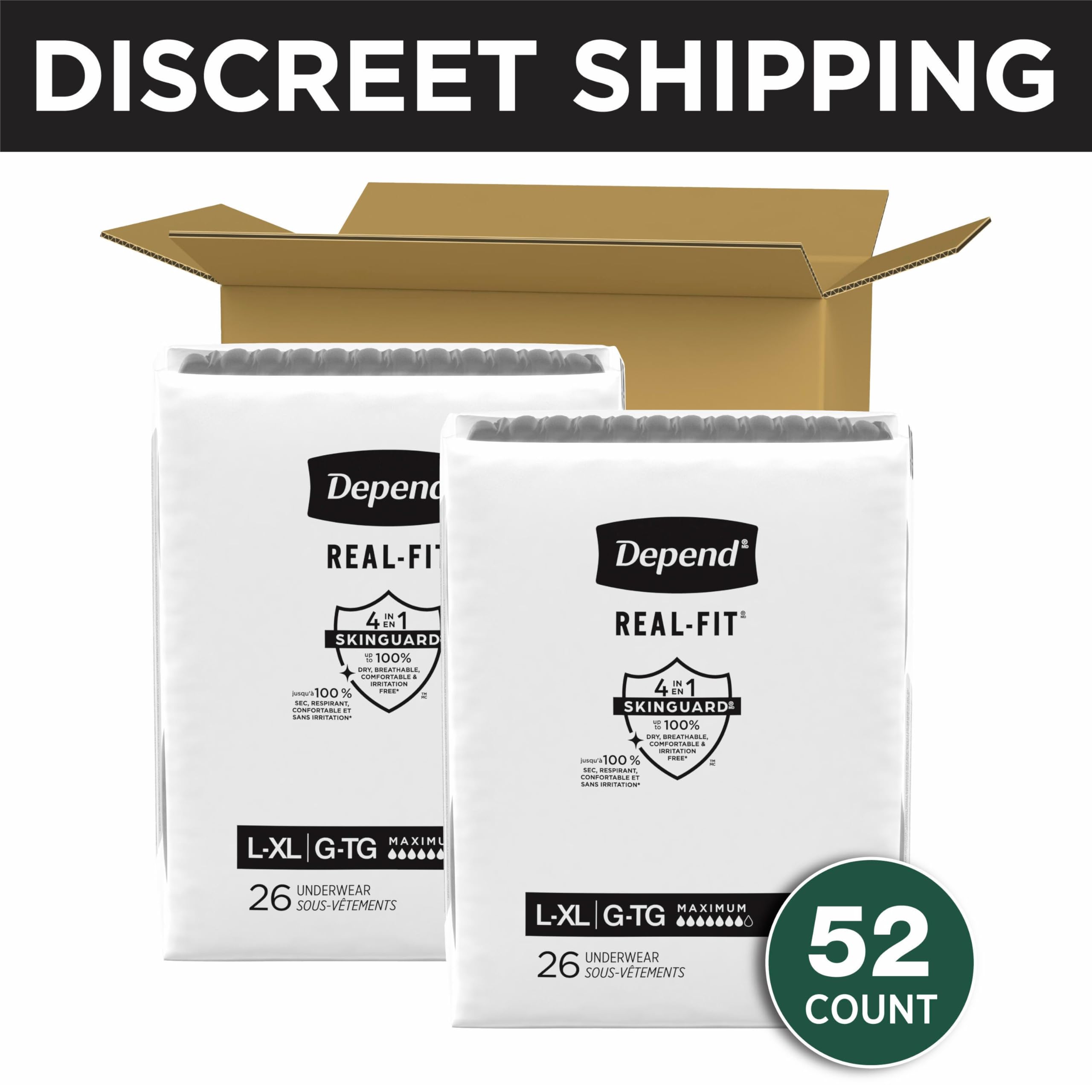 Depend Real Fit Incontinence Underwear for Men, Disposable, Maximum Absorbency, Large/Extra Large, Black, 52 Count (2 packs of 26), Packaging May Vary