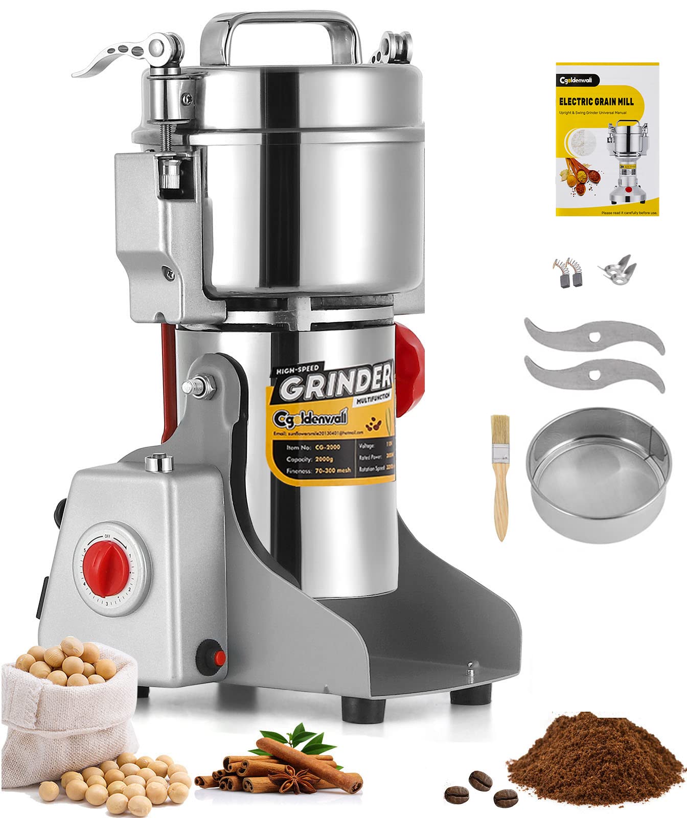 Photo 1 of CGOLDENWALL 700g Electric Grain Grinder Mill Safety Upgraded 2400W High-speed Spice Herb Grinder Commercial Superfine Grinding Machine Dry Cereals Pulverizer CE 110V (700g Swing Type)