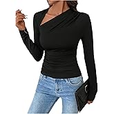 RoseSeek Women's Asymmetrical Neck T Shirts Long Sleeve Slim Fit Dressy Tops Fall Clothes