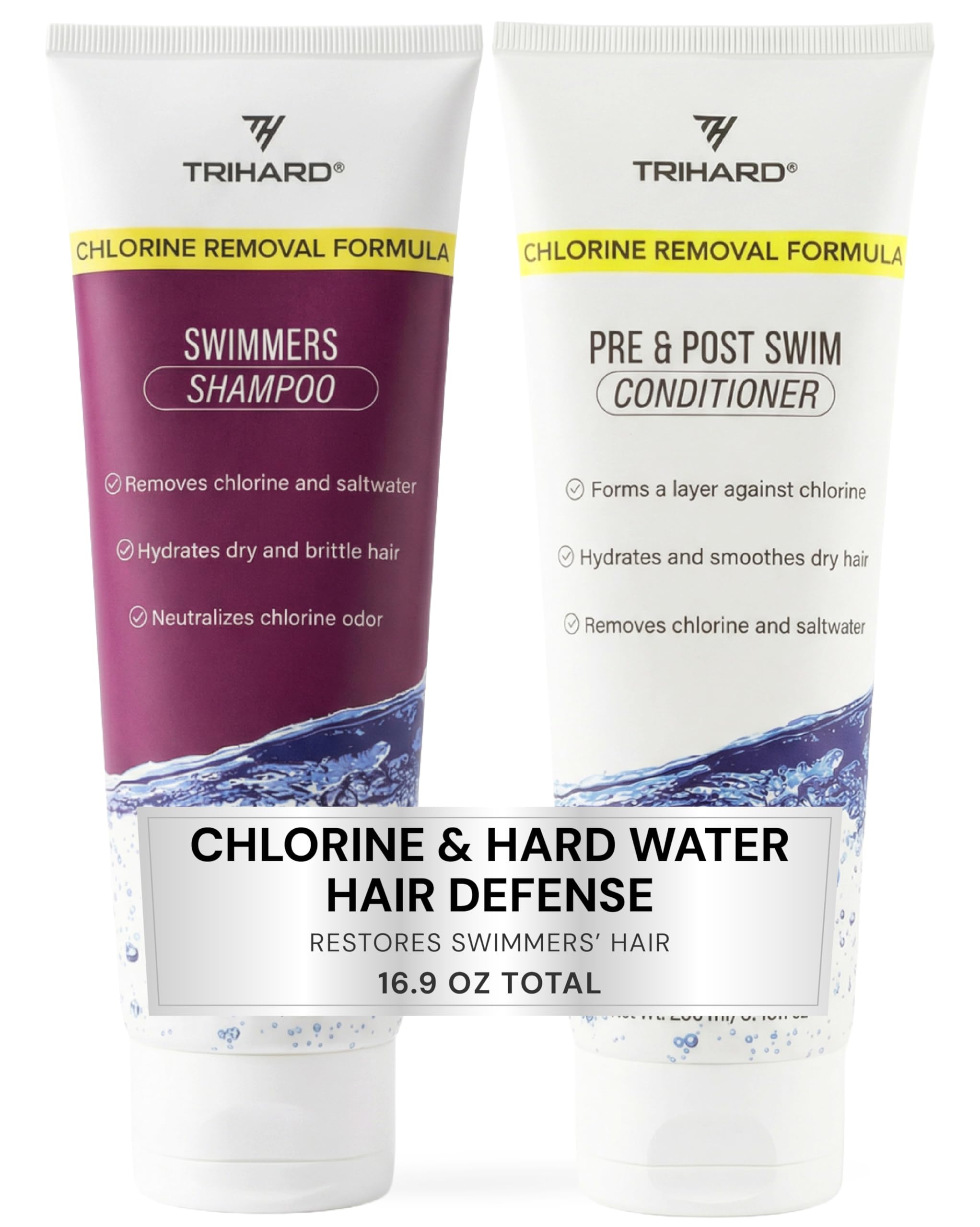 TRIHARD Chlorine Defense Swim Shampoo and Conditioner Combo, Protect and Hydrate Hair from Pool & Ocean, Nourishing Pre and Post Swim Chlorine and Hard Water Hair Protection