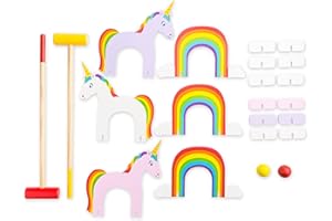 HearthSong Unicorn Croquet Set, Colorful and Bright Unicorns and Rainbows, 6 12”L Wickets, 2 24”L Mallets, 2 2” diam. Croquet Balls, 5”H Stands, Ages 3 and Up