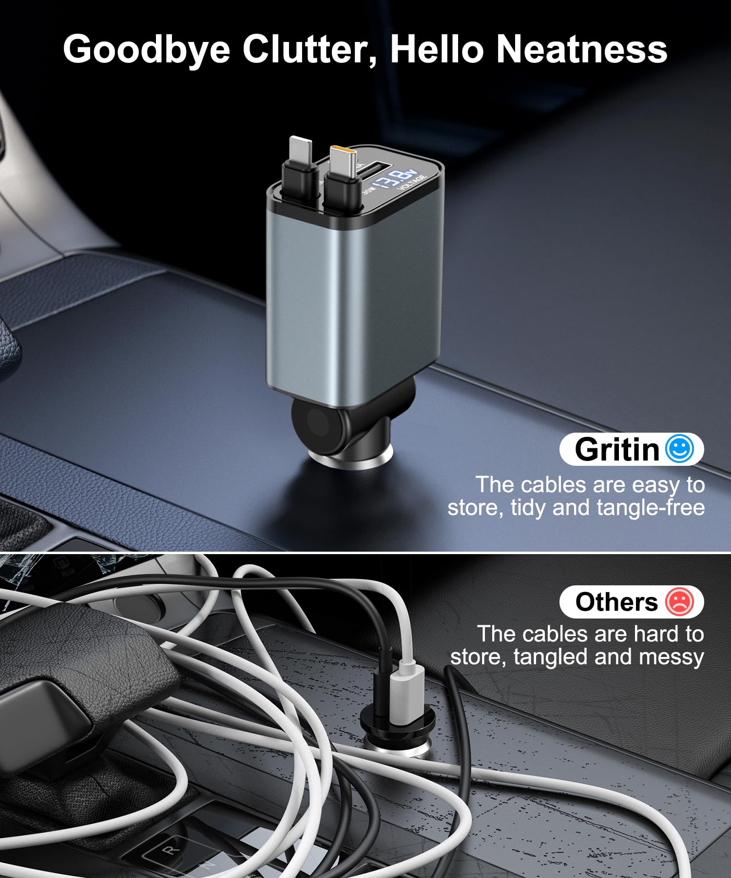 Gritin Retractable Car Charger, 69W Super Fast 4 in 1 USB C Car Charger Adapter with Smart Device-Adaptive Charging Technology&Instant Voltage Display, Accessories for iPhone17 16 Pro Max,iPad,Android