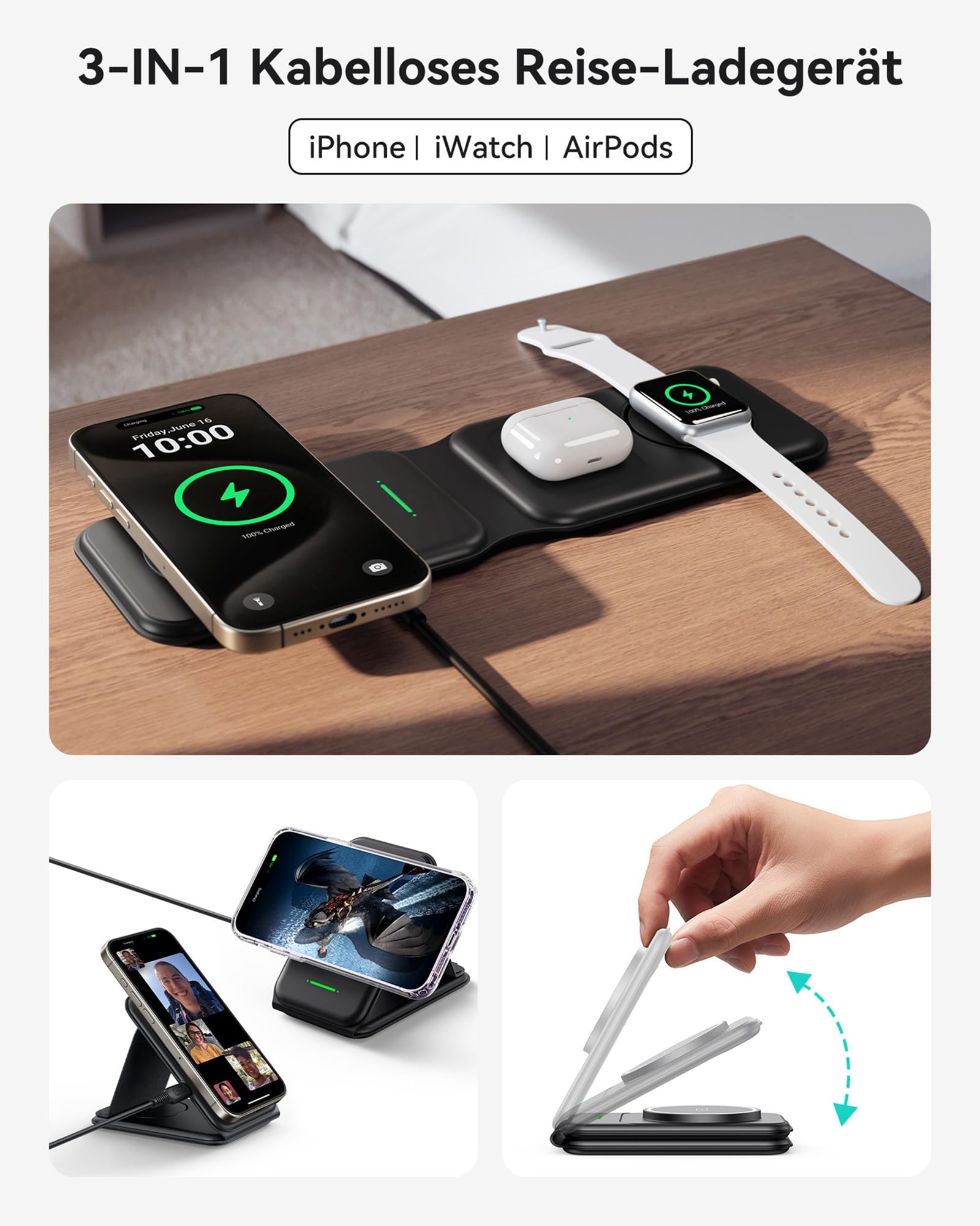 INIU 15W MagSafe Ladestation 3 in 1, Faltbares Wireless Charger Qi2-Zertifikat Reise ladegerät für iPhone 16/15/14/13/12, Apple Watch 9/8/7/6/SE, AirPods 4/3/Pro 2(mit 20W Adapter und USB-C-Kabel) 2