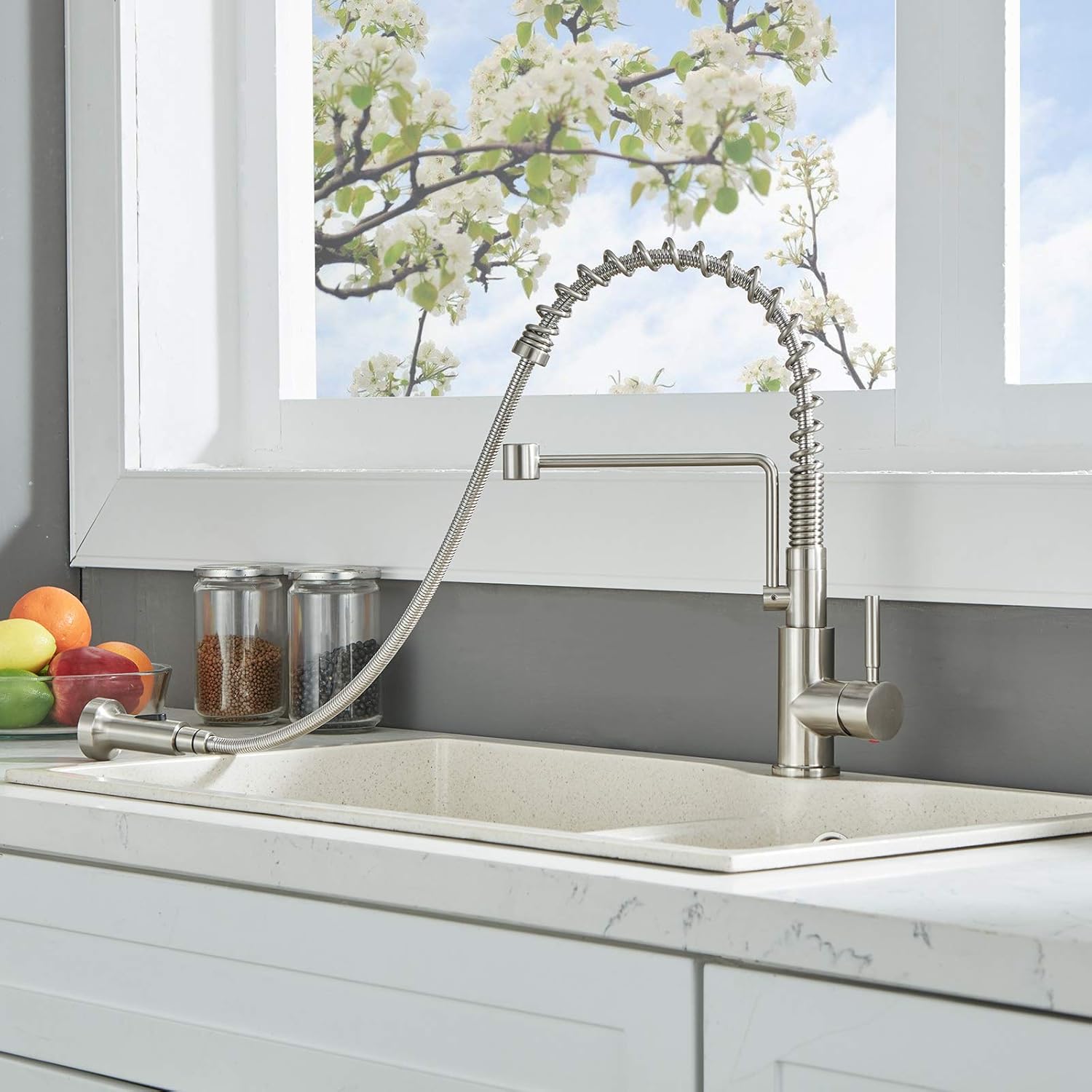 Friho Lead-Free Commercial Brushed Nickel Stainless Steel Single Handle Single Lever Pull Out Pull Down Sprayer Spring Bar Sink Kitchen Sink Faucet, Brushed Nickel Kitchen Faucets - - 