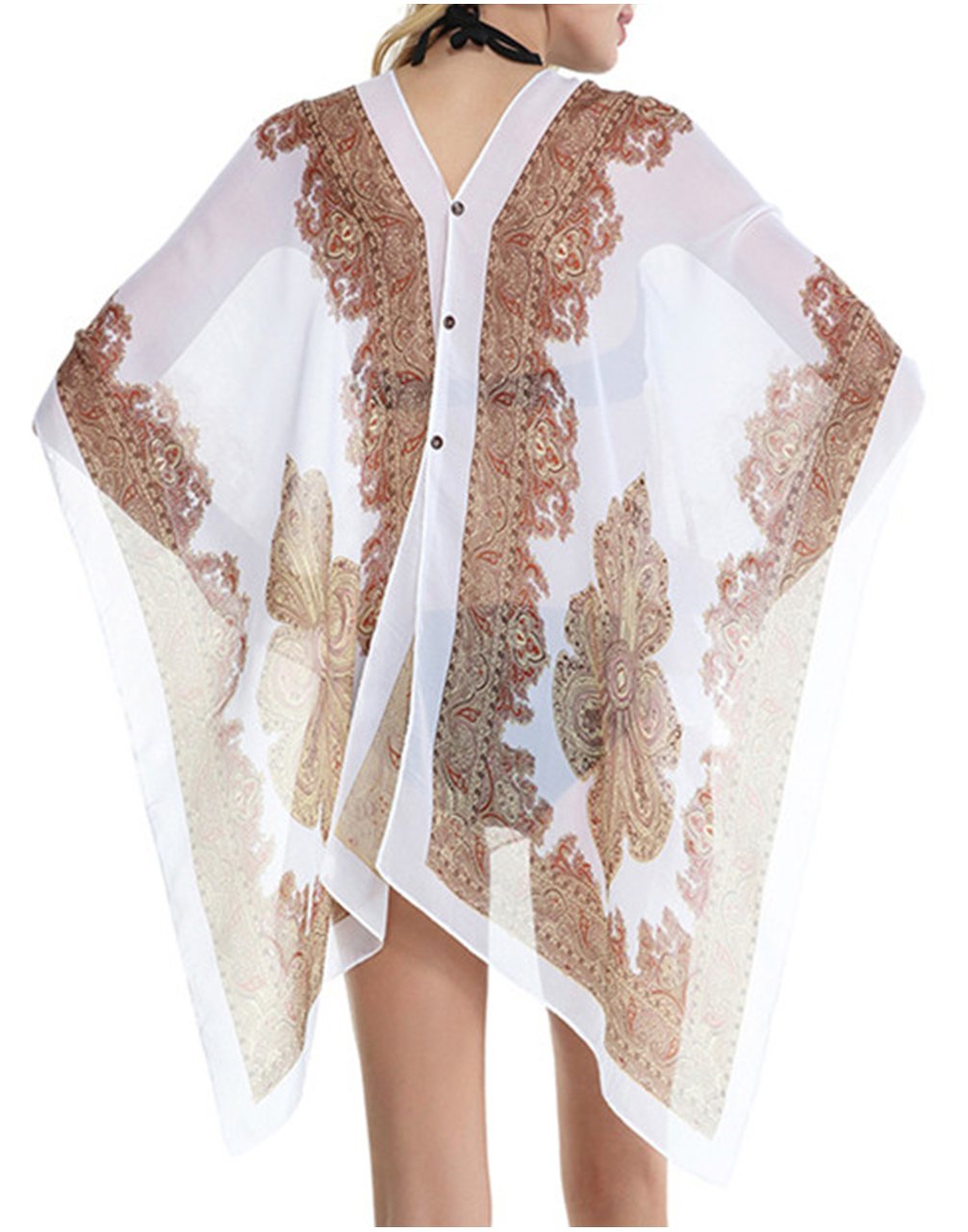 CHIC DIARY Women\'s Beachwear Convertible Chiffon Vintage Printing Swimsuit Cover up,White