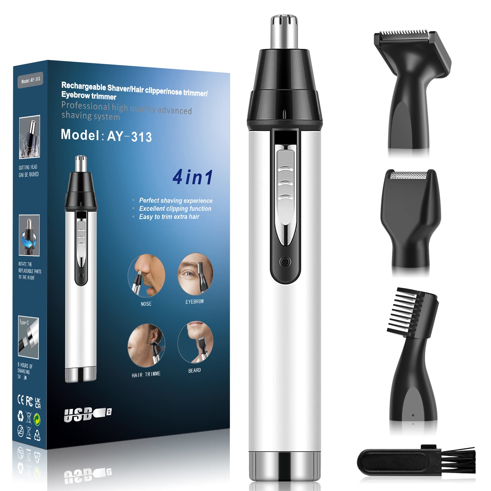 Cleanfly AY-313 Nose Hair Trimmer for Men,2020 Upgrade Professional USB Rechargeable Nostril Nasal Hair Vacuum Cleaning System,4 in 1 Hair and Beard Clippers for Women with Waterproof,White