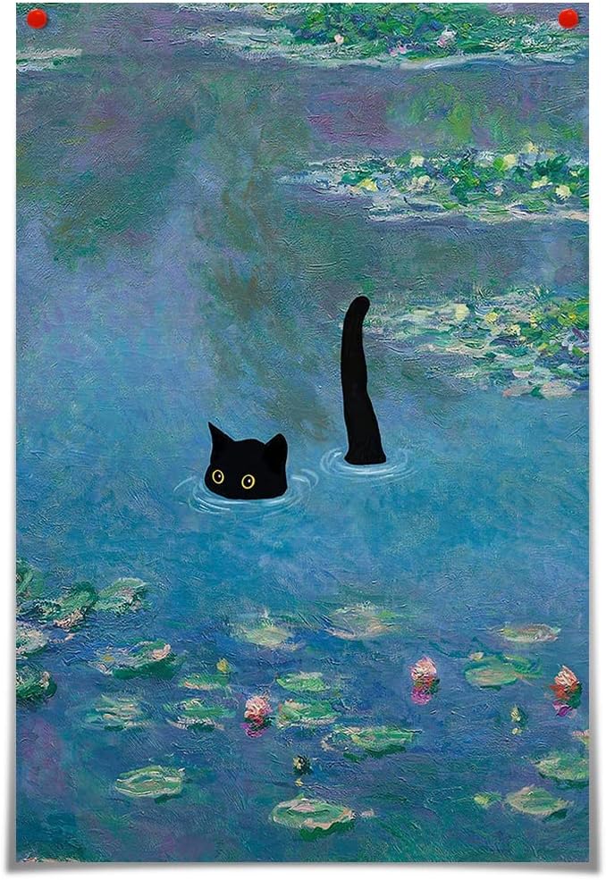 Paintings - Vintage Monet Water Lillies Canvas Wall Art Famous Floral Funny Black Cat Aesthetic Poster Flowers Landscape Oil Prints Painting Rustic Gallery Wall Decor Picture for Bedroom 16x24in Unframed