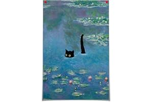 HANDMADE Vintage Monet Water Lillies Canvas Wall Art Famous Floral Funny Black Cat Aesthetic Poster Flowers Landscape Oil Prints Painting Rustic Gallery Wall Decor Picture for Bedroom 16x24in Unframed