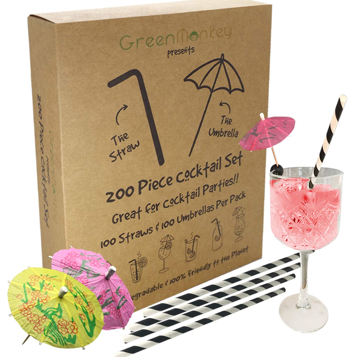 200 Piece Mini Party Drinking Cocktail Umbrella Picks and Paper Straws - Eco Friendly/Recyclable/Biodegradable & Sustainable/Great Bar Accessories/Gift Idea