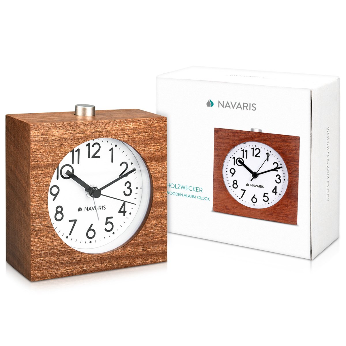 Navaris Analogue Wooden Alarm Clock with Snooze - Retro Clock with Dial Alarm Light - Quiet Vintage Wood Table Clock Without Ticking - Natural Wood in Light Brown