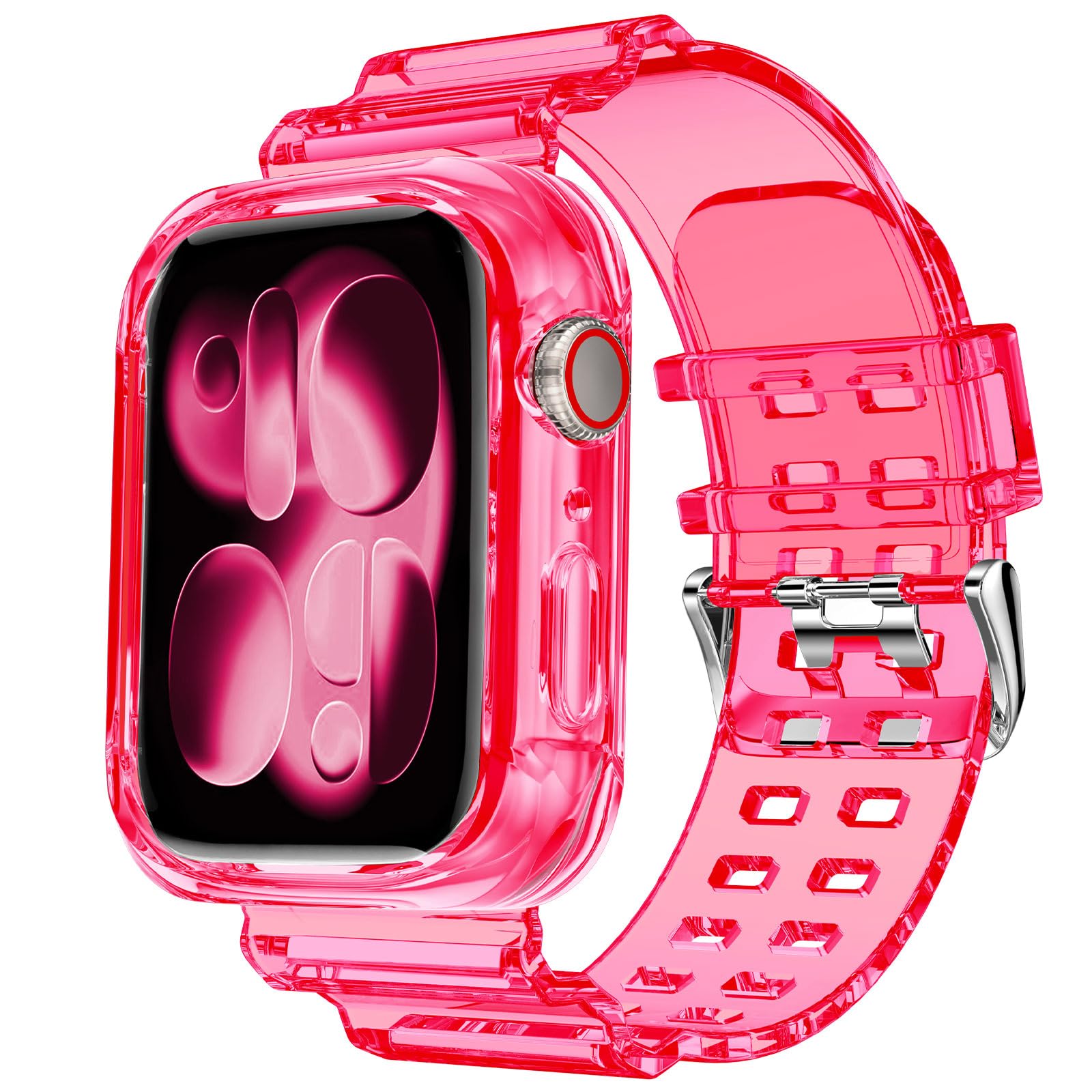 DABAOZA Compatible for Clear Apple Watch Band with Bumper Case 46mm, Women Men Glitter Bling TPU Sport Strap for iWatch SE Ultra 3 2 Series 11 10 9 8 7 6 5 4 3 2 1（Neon HotPink,46）