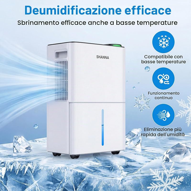 Deumidificatore, Deumidificatore Portatile, 15L/24H, Serbatoio 2L, Basso Rumore, Basso Consumo, Sbrinamento Automatico, Blocco Bambini, Design Anti-Goccia, R290, Sost. 1 anno, Gar. 10 anni