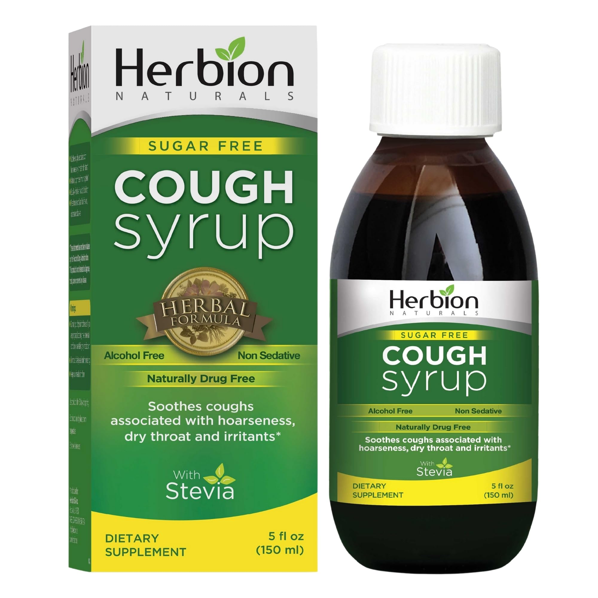 Herbion Naturals Sugar-Free Cough Syrup with Stevia, Helps Relieve Cough and Soothes Sore Throat, for Adults and Kids 6 Months and Above, 5 FL Oz