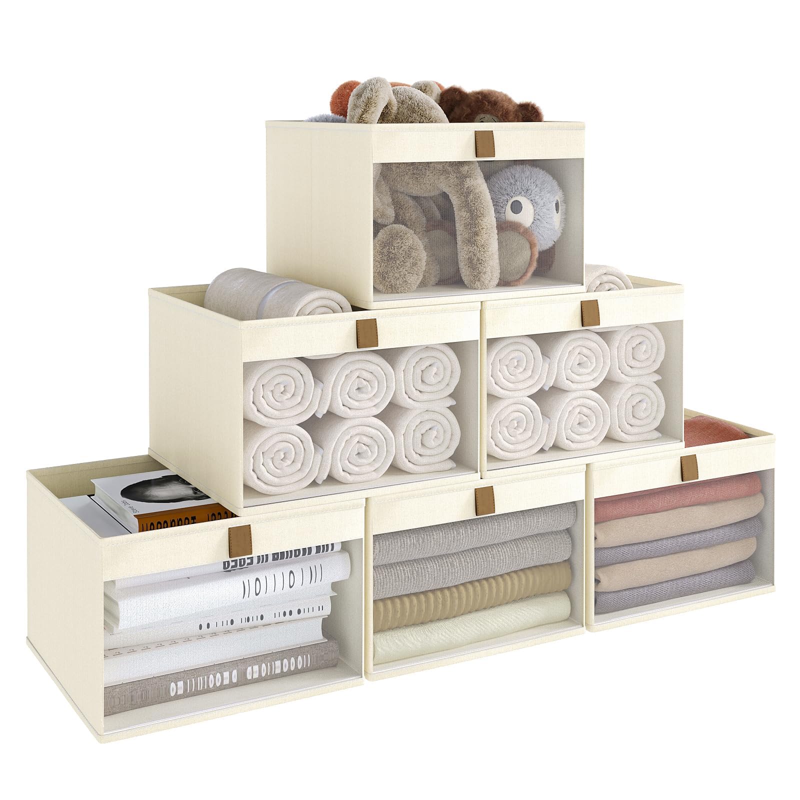 Photo 1 of COYACOOL Linen Closet Organizers and Storage, Closet Storage Bins Basket Organizer, Foldable Organization Baskets with Mesh Window for Clothes Towels and Toys, 10.75" x 10.75" x 7.5", Beige, 6 pack