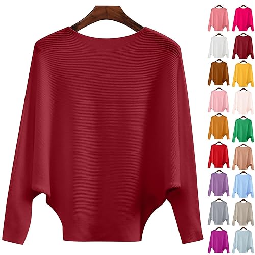 Women Jumper,Jumpers for Women UK Winter Batwing Sleeves Boat Neck Knitted Pullovers Trendy Fashion Ladies Plus Size Irregular Hemline Shirts Fall Chunky Knit Sweaters,Womens Winter Tops,6XL Wine