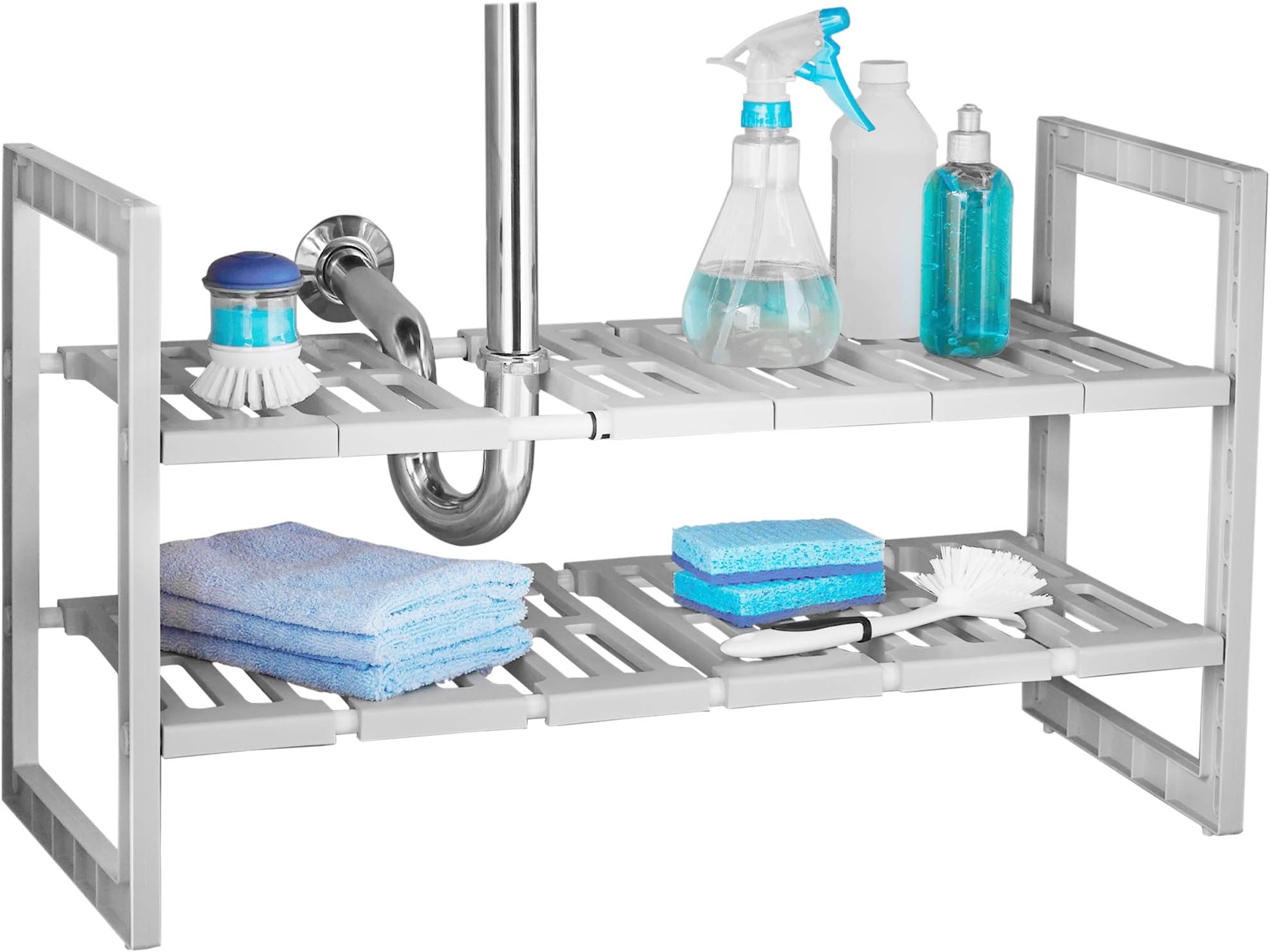 Smart Design 2-Tier Under Sink Expandable Organizer w/ 6 Adjustable Shelves - Expands 18 to 31 Inch - Solid Plastic Frame - for Sinks, Bathroom, Pantry, & Shelf Organization - Kitchen [Gray]
