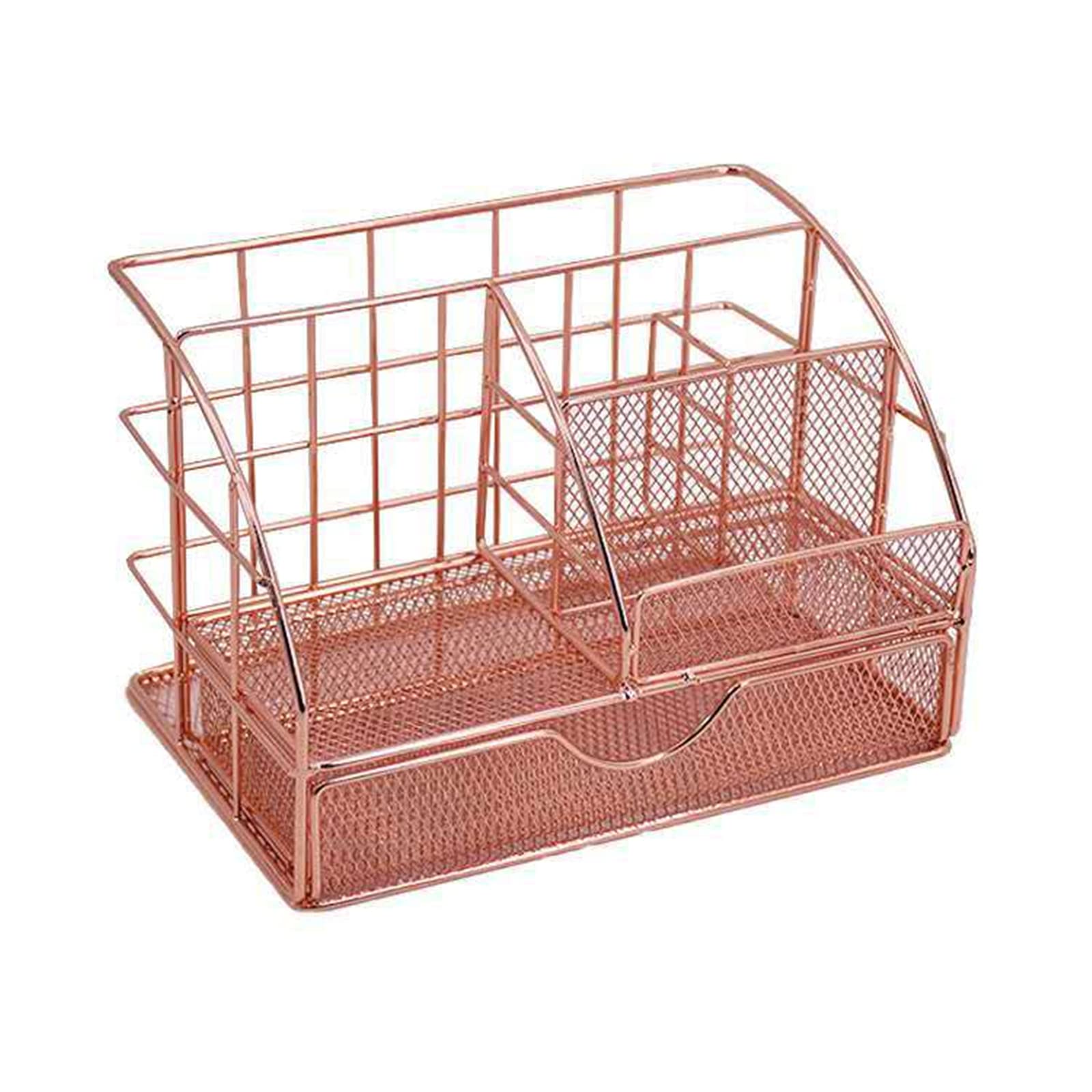 WANGCL Rose Gold Desk Organizer, Mesh Desk Organiser Pen Holder with Drawer, Multi-Use Metal Desktop Organizer, Store make up and brushes, with Phone Holder