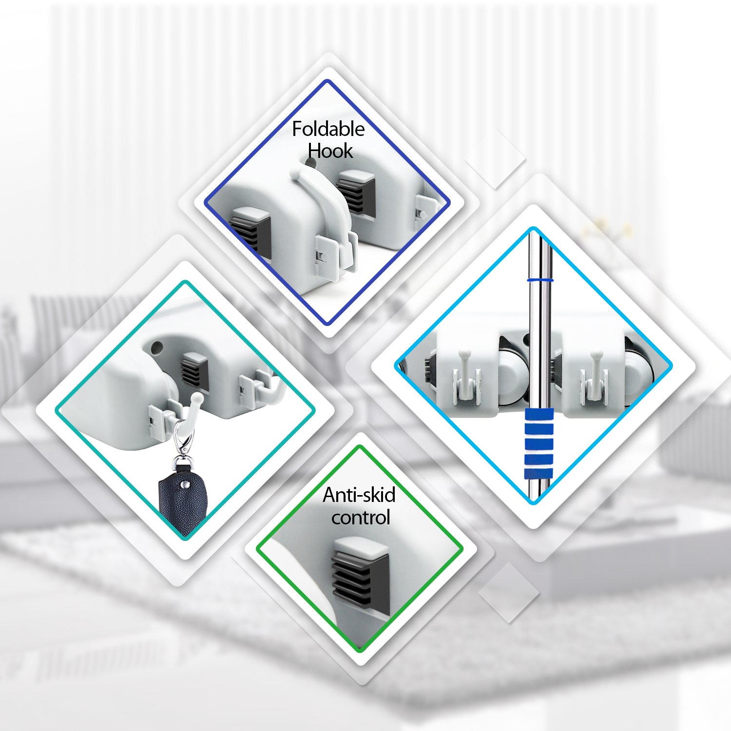 LETMY Broom Holder Wall Mounted - Mop and Broom Hanger Holder - Garage Storage Rack&Garden Tool Organizer - 5 Position 6 Hooks for Home, kitchen, Garden, Tools, Garage Organizing