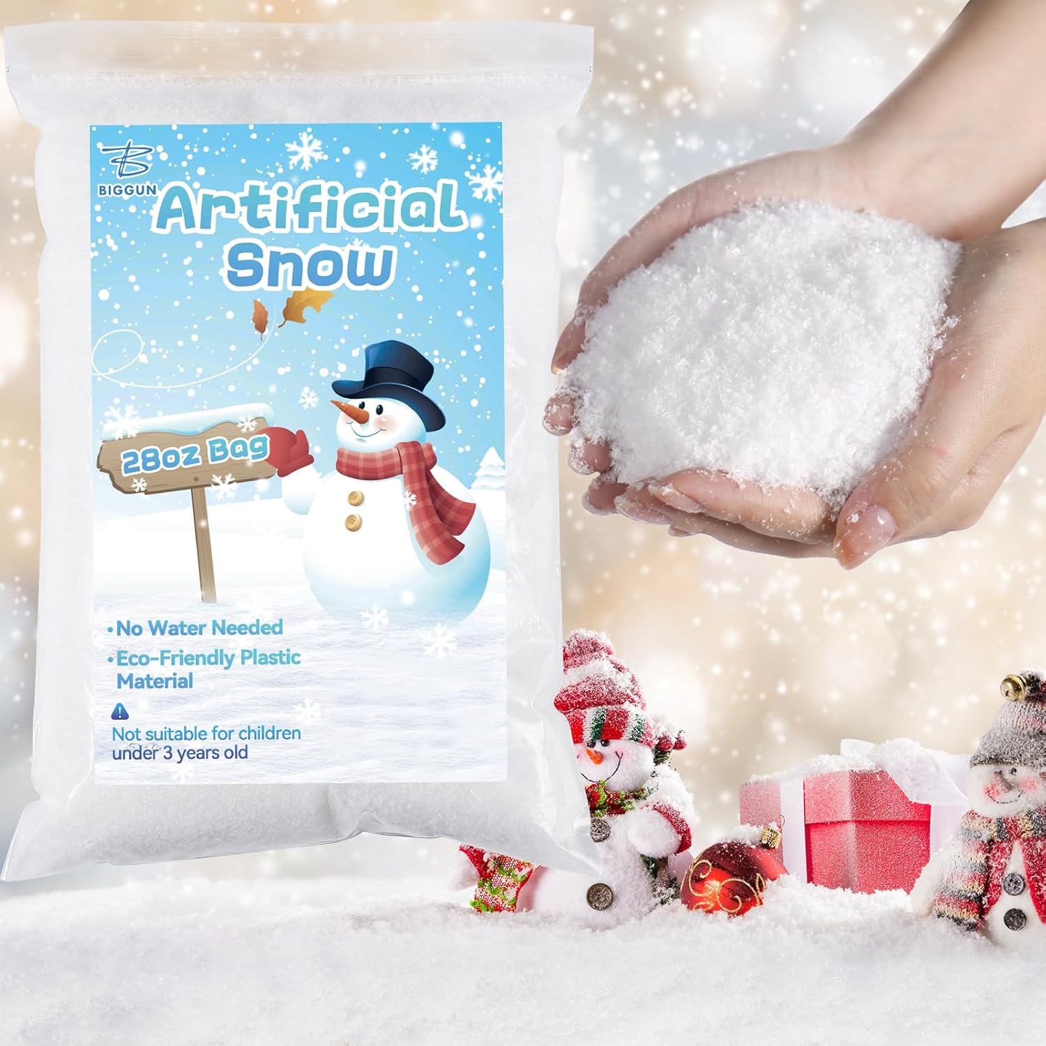 Artificial Snow - Biggun 28 Oz Fake Snow Decoration, Artificial Instant Snow Powder for Christmas Tree Village Craft, Lifelike Dry Faux Snow for Winter Displays Holiday Decor (Fire-Resistant & Eco-Friendly)