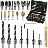 Rocaris 23-Pack Woodworking Chamfer Drilling Tool Set with Case | 6pcs 1/4" Hex 5 Flute Countersink Drill Bits, 7pcs Three Pointed with L-Wrench, 8PCS Wood Plug Cutter, and Automatic
