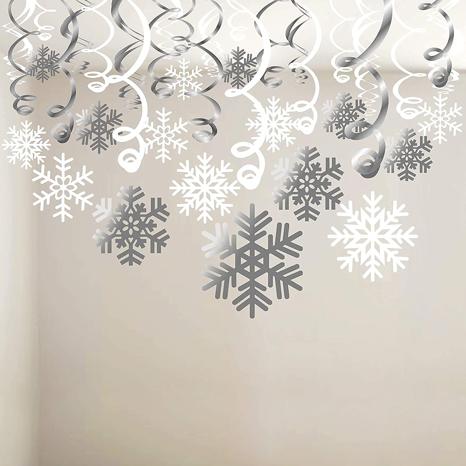 HOWAF Snowflake Hanging Swirl Decorations(30pack), Snowflake Silver & White Foil Ceiling Christmas Decorations for Xmas Frozen New Year Holiday Party Decoration Supplies