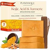 PLANTIFIQUE Kojic Acid Soap for Hyperpigmentation 3 Bars with African Net - Turmenic Soap with Hyaluronic Acid, Collagen, Vit