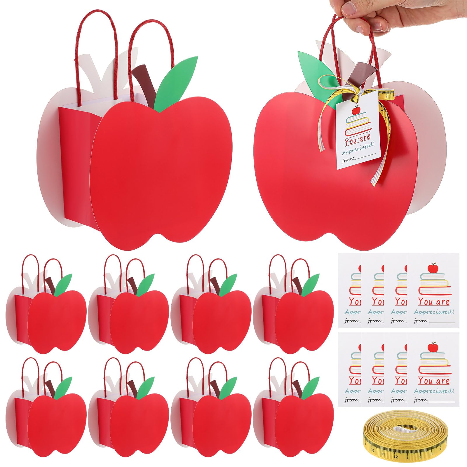 Photo 1 of Kolldenn 17 Pcs Back to School Bag Set with 8 Apple Shaped Gift Bags 8 Thank You Cards and 1 Roll Ruler Ribbon Thanksgiving Gifts for Teachers Appreciation Holiday Party Favor Classmate Exchange Gifts