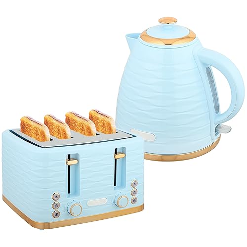 HOMCOM Kettle and Toaster Sets, 3000W 1.7L Rapid Boil Kettle & 4 Slice Toaster with 7 Browning Controls, Defrost, Reheat and Crumb Tray, UK Otter Thermostat, Light Blue