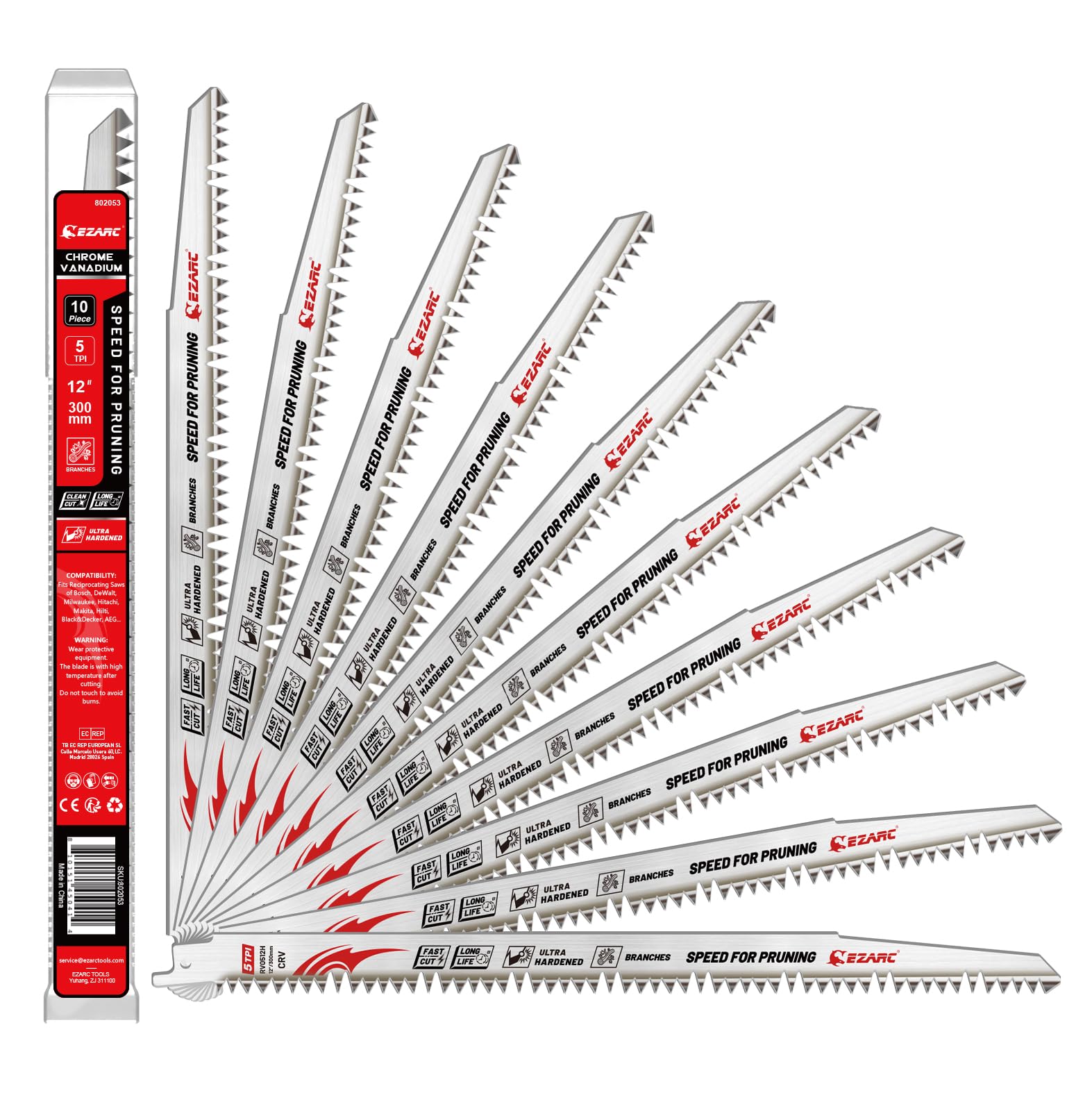 EZARC Pruning Reciprocating Saw Blade 300 mm, Fleam Ground Teeth for Tree Trimming, Wood and Wet Wood Cutting, 10 Pieces