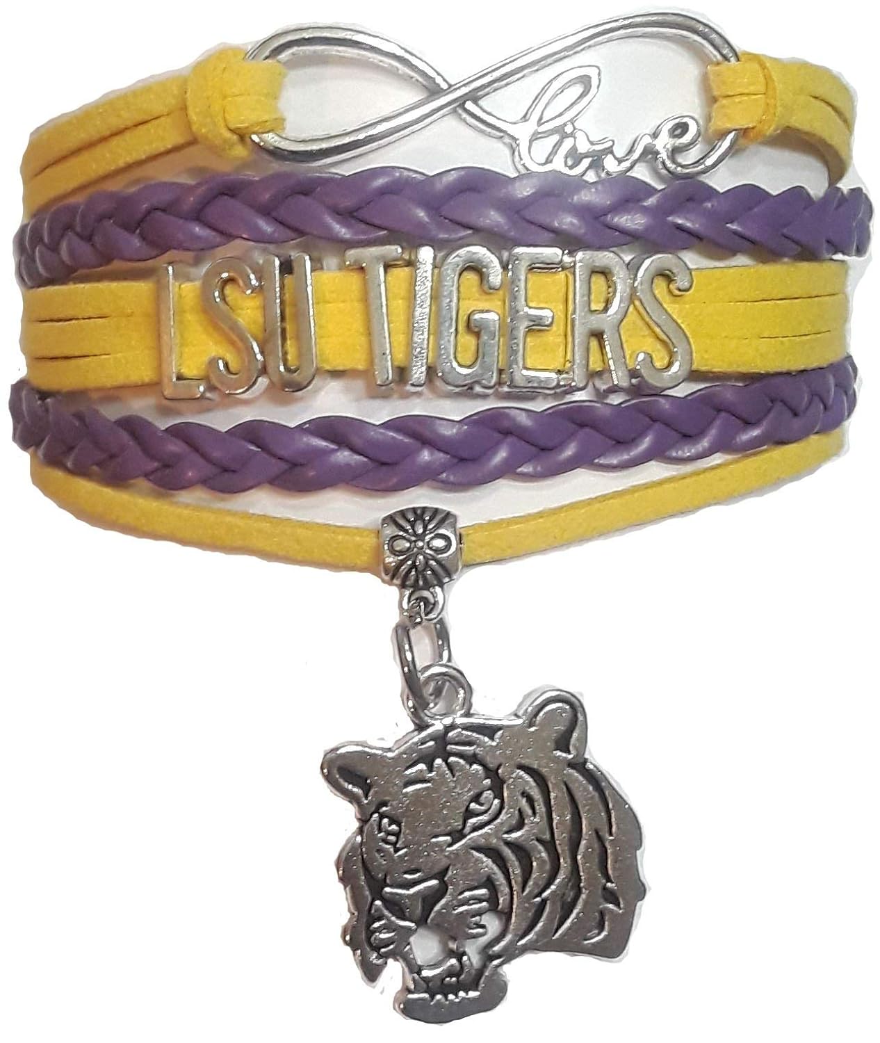 GeauxDat Collectibles LSU Tigers Merchandise LSU Tigers Womens Apparel Adjustable Infinity Love Charm Bracelet LSU Tigers Purple and Gold Bracelet