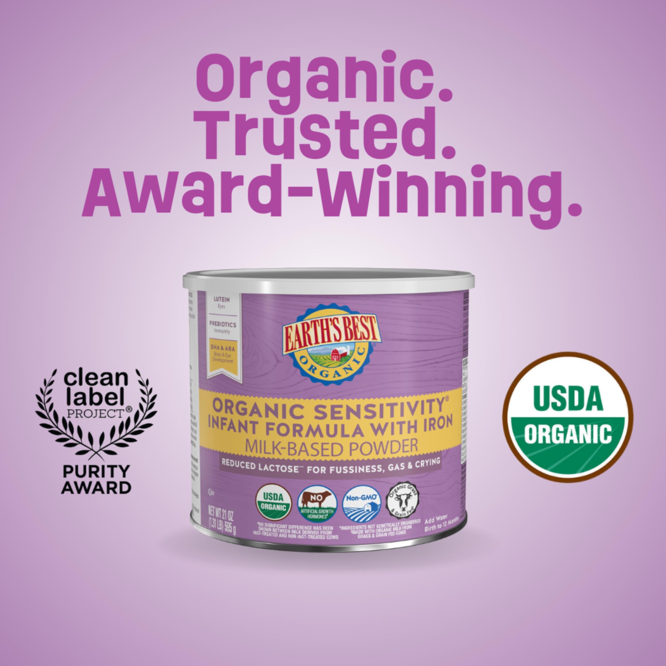 Earth's Best Organic Sensitivity Infant Formula for Babies 0-12 Months, Reduced Lactose Powder Formula with Iron, Omega-3 DHA, and Omega-6 ARA, 21 Ounce Container