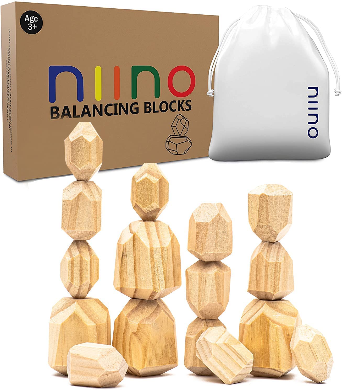 Milah Niino 16 Pcs Wooden Blocks-Wooden Stone Balancing Blocks- Wooden Stacking Toys-Wooden Stones Building Blocks-Stacking Rocks-Colorful Natural Rainbow Stacking Sensory Toy (Neutral)