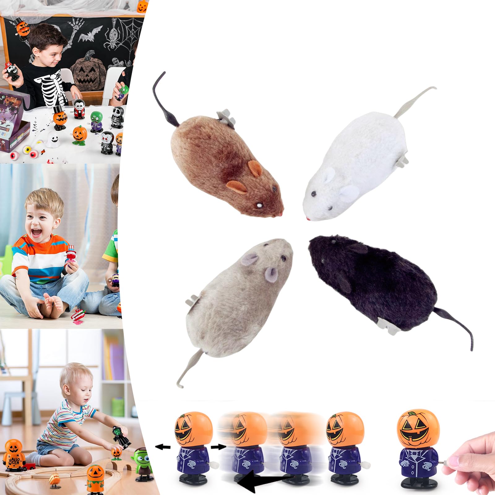 4Pcs Wind Up Halloween Mouse for Kids - Spring Jumping and Walking Clockwork Toys for Girls Boys - Novelty Party Bag Fillers for Trick and Treat