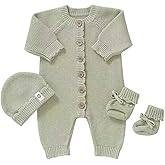 YIXPOH Organic Cotton Baby Sweater Knit Romper Hat Booties 3 Piece Newborn Infant Set LongSleeve Cute Outfit Boy Girls Clothe