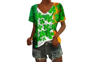 QWENTMTNTY Womens St Patricks Day Shirt V Neck Short Sleeve Sequin Print T-Shirts Casual Festive Irish Flag Shamrock Shirts