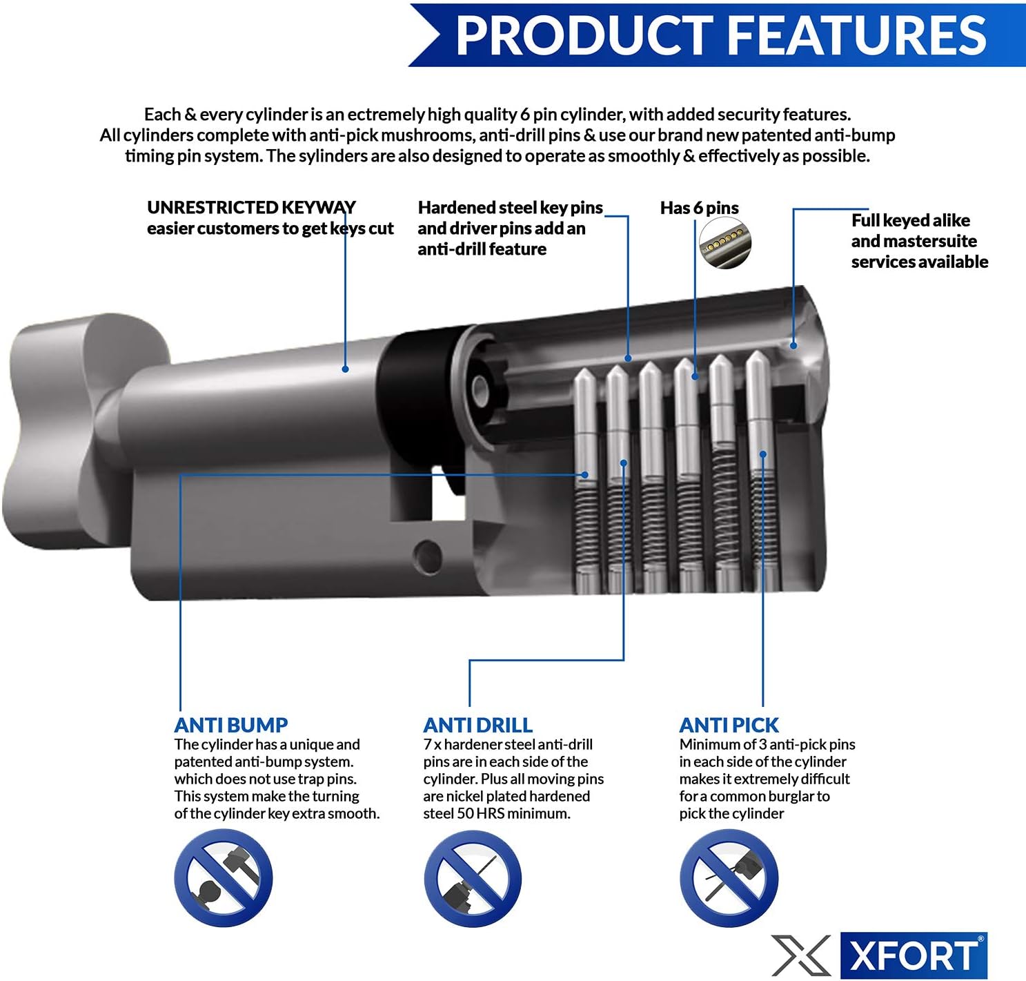 XFORT Chrome 50/50T Thumb Turn Euro Cylinder Lock (100mm), UPVC Door Lock, 6 Pin Cylinder Lock with Key and Thumbturn - Image 4