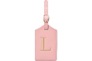 CHOIEO Initial Luggage Tag, PU Leather Luggage Tag, Embroidered Luggage Tag, Letter Luggage Tag, Monogrammed Luggage Tag, Luggage Tag for Baggage Bag Suitcase (L, Pink Leather+Champagne Gold Letter)