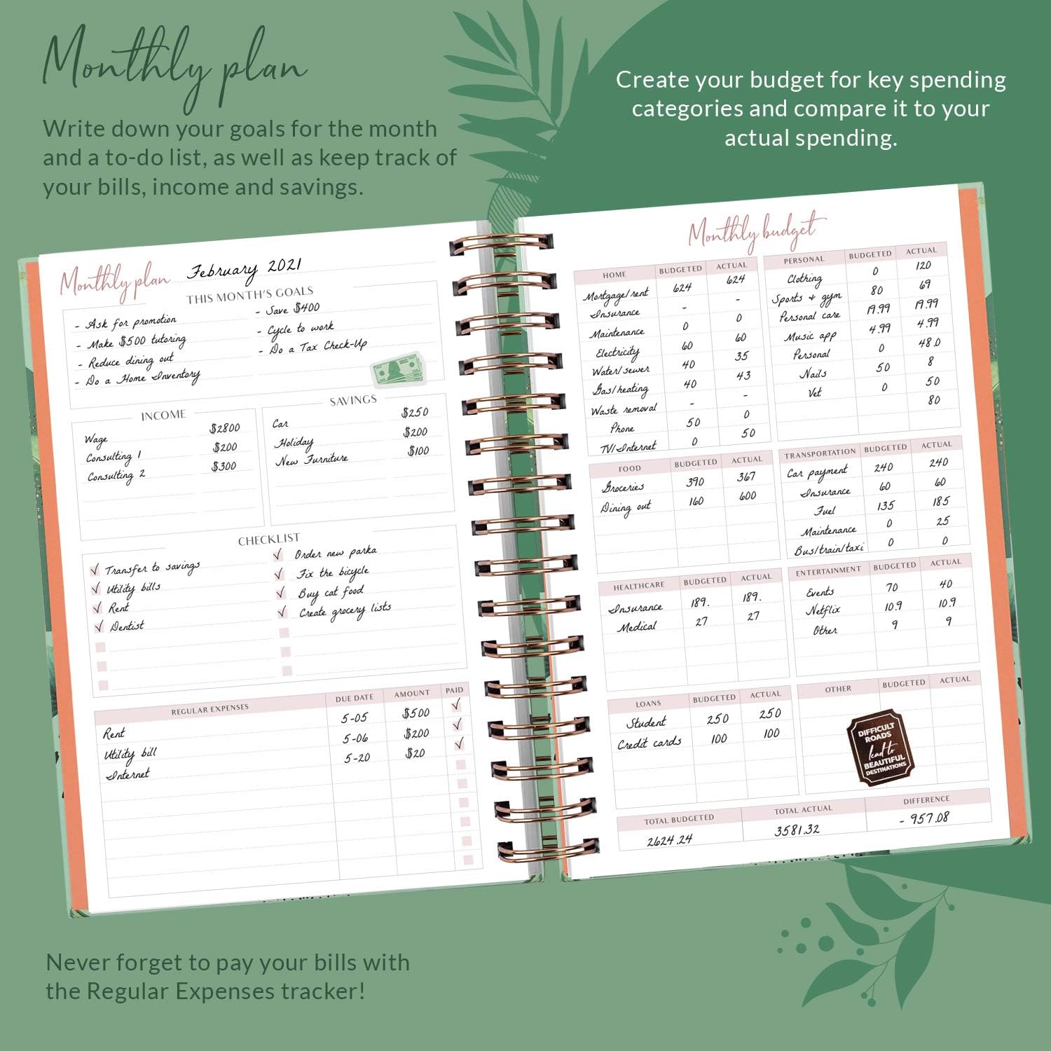 PLANBERRY Budget Planner – Undated Monthly Finance Organizer – Financial Planner for Money Budgeting with Expense & Bill Tracker - 6.3x8.5″ Hardcover (African Green) : Office Products