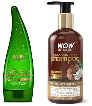 WOW Aloe Vera Multipurpose Beauty Gel for Skin and Hair, 130ml & Coconut Milk No Parabens, Sulphate, Silicone, Salt & Color Shampoo, 300mL Combo
