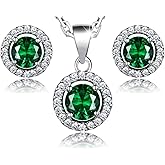 Crystalline Azuria Round Green Simulated Emerald Zirconia Crystals Set Pendant Necklace 18 inches Stud Earrings 18K White Gold Plated for Women