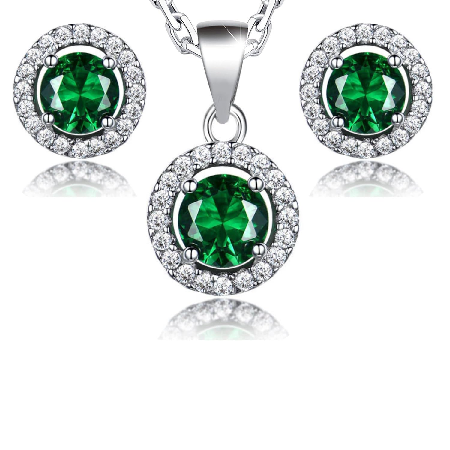 Crystalline Azuria Women 18ct White Gold Plated Round Green Simulated Emerald Zirconia Crystals Set Pendant Necklace 17.7 inches Stud Earrings