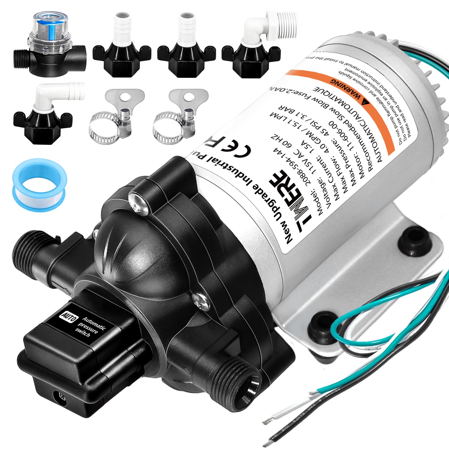 Photo 1 of 2088-594-154 Industrial Diaphragm Water Pump,45PSI/3.1Bar 3.3GPM/11.4LPM 115V 198GPH Industrial Pump,1/2in Portable Electric Utility Industrial Pump for Beverage and Water Applications