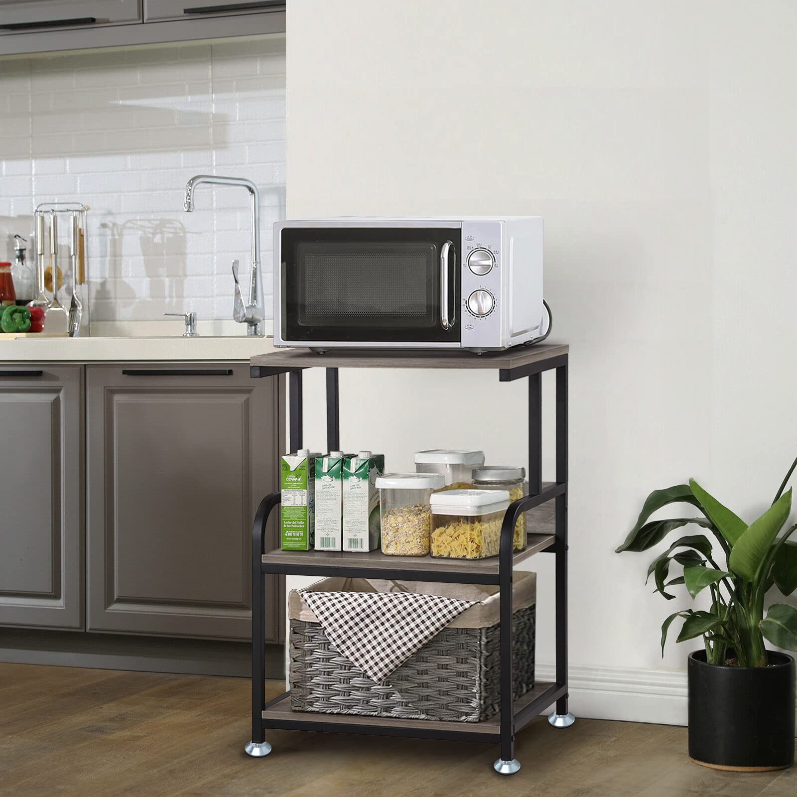 3-Tier Mobile Printer Stand on Wheels with Storage Shelves Industrial Style Machine Cart Organizer Table for Office and Home Slate Grey Wood and Black Metal Finished