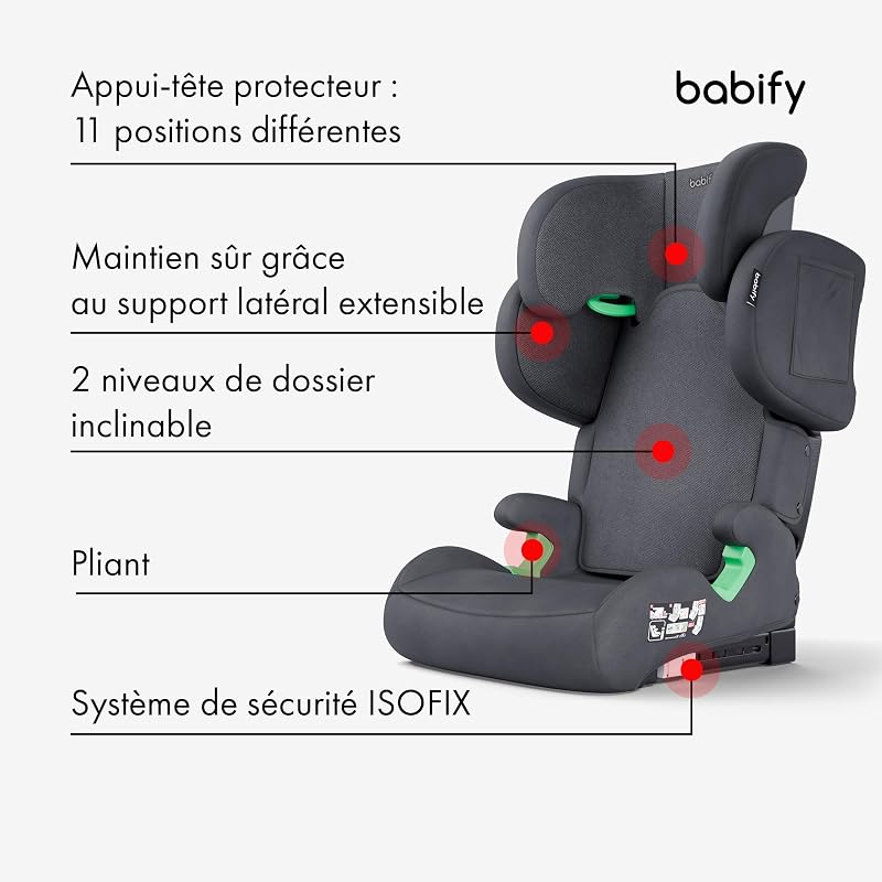FlexiFit Premium siège Auto 15 à 36 kg - Isofix, ECE R129, Appui-tête 11 Positions, Dossier inclinable, côtés Extensibles, Pliant, Gris